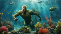 hyperrealistic 4k, sea from the movie aquaman, a lot of plants, and creature, sea animal, underwater