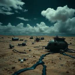 Photograph, objects scattered over an arid surface, night, clouds, tv studio, nothingness, spooky, close-up, in Yves Tanguy style, nightmare, highly hypermaximalist, ZBrush, details of the terrain very accentuated, 8k, deep 3d field, sharp, eerily mysterious, artistic photo, large format film, shot on Hasselblad, 33mm photography, mysterious, dark, rotten, macabre, streams of black liquid