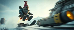 close up on gnome troll hit man with rocket boots in suit on a mech sled doing jumping stunt in winter wasteland, style of fallout 4, high speed with motion blur, on elevated road, beard blown into his face