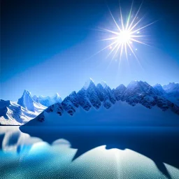 A small frozen crystal blue lake centered around snowy himalayas mountains, high resolution, realistic, beautiful, volumetric lighting, colorful, masterpiece, crystalline, strong blue color, detailed, aerial view, 8K, intricate details, cyberpunk, cosmic