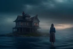 Paisaje de casa irrealista en el medio del mar con una sirena de espaldas mirando hacia la casa y un cielo anocheciendo. Atmósfera de fantasía y oscuridad, paleta de tonos fríos, bajo contraste e iluminación suave.