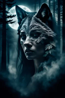 double exposure stunning woman-wolf hybrid portait, forest, moon, smoke, ultra-high detailed, deep dark colors, dark fantasy, intricate detail, cinematic, masterpiece, sharp focus, dark ethereal fantasy, hyperdetailed, atmospheric , dark surreal fantasy