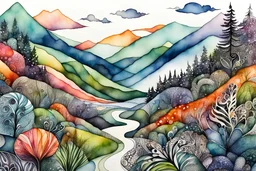 watercolor random abstract Zentangle patterns that depict the vastly diverse landscape of Nature, highly detailed, with fine ink outlining