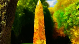 A yellowish orange colored crystal obelisk painted by Claude Monet