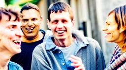 four happy people discussing health and wellness on a street, close up, bokeh