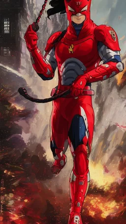 Iconic Cat-Man, red and silver, ultra-detailed armor, cat with eye mask, anime, dynamic shot, richly saturated colors, full height, arms, legs, footwear, cinematic backlighting, hyper-realism, unparalleled detail, 8K, concept art, intricate textures , timeless masterpiece, enhanced AI, GAN, depth of field, neural network,