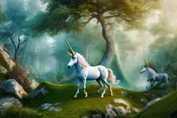 unicorn stand on a rock, forest, 8k resolution, high-quality, fine-detail, intricate, fantasy art, detailed matte, volumetric lighting, illustration, 3D