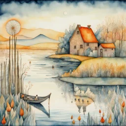 by the lake. Optical illusion, zentangle, surreal. highly detailed elegant fantasy illustration intricate intricate details masterpiece very attractive beautiful award winning crisp quality Paul Klee golden hour Tim Burton Watercolor painting JMW Turner aquarelle Dee Nickerson watercolor and ink wet on wet pen and ink style Xuan Loc Xuan