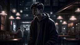 a young man traumatized, detail, smooth render, city scenery, restaurant, full body, down-light, dark winter, ar 16:9