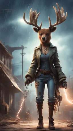 book cover illustration, fallout 4 setting, horror weird cowboy bear elk alien bird walking on stilts in female garments, getting hit by lightening electric arc, with big disturbed eyes,bokeh like f/0.8, tilt-shift lens 8k, high detail, smooth render, down-light, unreal engine, prize winning