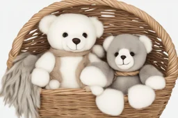 Cute but quirky stuffed animals lie in a carved basket on a soft sling, by candlelight