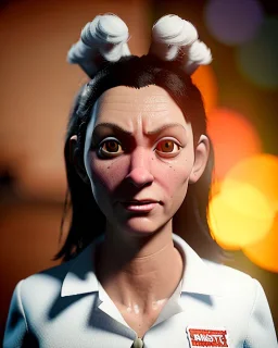 Portrait, hybrid character, waitress woman with monster muppet mask that covers her entire head, retro style, Sesame Street style, smooth, unreal engine 5, god lights, ray tracing, RTX, lumen lighting, ultra detail, volumetric lighting, 3d.