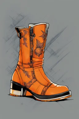 create fanciful women's Chelsea boots with decorative orange stitching, illustrated in the comic book style of Bill Sienkiewicz and Frank Miller, highly detailed, 4k