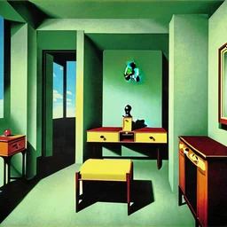 Room with odd creepy stuff and a liminalspace atmosphere in René Magritte style