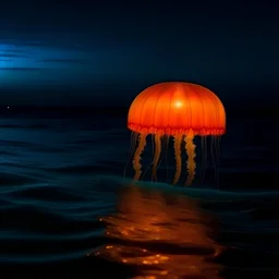 una medusa color anaranjado brillante en un mar calmo que se vea la luna y el mar tenga destellos de bioluminiscencia