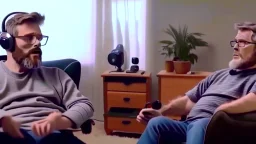 man sitting in his lazy boy chair at home argues with his AI clone on the phone