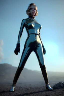 Ultra Realistic retro sci-fi portrait image from 1960, New York, spaceship, sweet young Jane Fonda, tight latex suit, weapon, fighting stance, soft color, highly detailed, unreal engine 5, ray tracing, RTX, lumen lighting, ultra detail, volumetric lighting, 3d, finely drawn, high definition, high resolution.