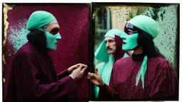 The conversation between the shaman, the shepherd and the guru,augmented reality, pantomim, masks, eerieland, abstract surrealism, glitter, calotype combineted transparent burgundy and pastel mint color, tintype , performance art