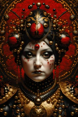 Beautiful bioluminescense black and red Harlequin Ladybug portrait, adorned with white hydrangea flower and Golden dust beads, wearing diadem headress and and lady bug insect masque Golden black red white and red Renaissance costume, organic bio spinal ribbed detail of Renaissance floral Golden dust creative background maximálist hyperrealistic concept art