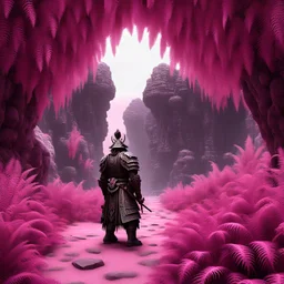 [fractal art: Mandelbulb 3d] seen from outside: a stone samurai at the entrance of a cave surrounded by a fractal field of thousands of pink ferns of all sizes, everywhere on the image
