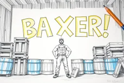 a drawing with sketch lead pencil, The word "BAXER" in yellow floating like a big sign, strong painting, strong expression, BAXER!, BAXER! the word Baxer, WOODEN CRATES AND BLUE BARRELS, A WORKING MAN STANDS THERE WITH VERY BIG STRONG MUSCLES