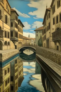 pintura de un rio calmo, dentro de una ciudad. estilo Sandro botticelli