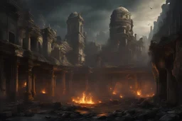 old, ruined city in the a fish bowl, ashes, destruction, dark fantasy concept art, dramatic, surreal, dynamic lighting, hyperdetailed, intricately detailed, deep colors, masterpiece, Unreal Engine