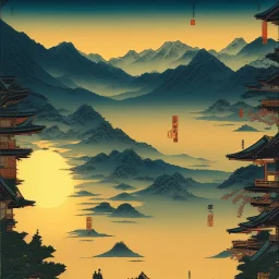 Ukiyo-e, mountains, sun