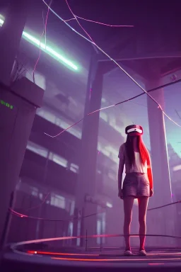 3d, si-fi hunger , far away a girl in the middle, stand on round platform, connected by wires , vr googles, beautifully color coded, super detailed, moody lighting, volumetric lighting, night time, girl in the middle