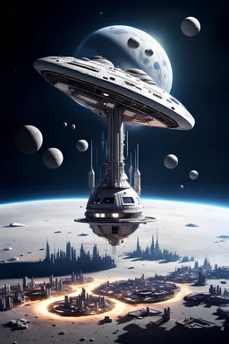 Create a city Floating in the Space galaxy in the Future with a mother ship on the Moon
