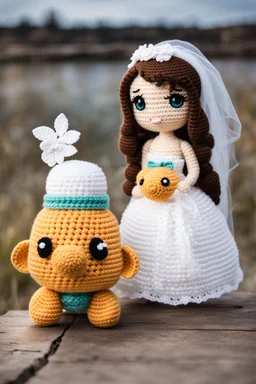 Adventure Amigurumi style, solo, looking at me, standing, full body, barby in bride dress,blurry, big beautiful chibi-style eyes, blurry background, Best quality, masterpiece,bride Art in the style of [Sack Boy | Gene Bilbrew | chibi-style | Amigurumi | Jeff Gord | Temmie | Ransom & Mitchell], unique sculptures, surreal and abstract forms through human forms, illustrative techniques and themes, prominent in magazines during the mid-20th century, detailed ink work, by Satori Canton🧸