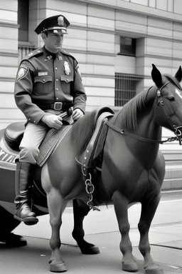 objeto: solo un caballo, vestid de policial; acción: sentado ; contexto: un recinto policial;