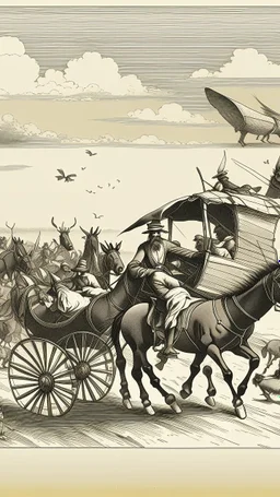 قافله من المهاجرين في الطريق مع عرباتهم وحميرهم وفي السماء طيور سوداء تطير في السماء