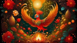 Slavic mythology fantasy computer illustration for bedtime story: enchanting garden with lush greenery and beautiful stone winding paths, with small tiny lanterns in the trees. Depict only one creature the Firebird. The body of the Firebird is adorned with feathers of vibrant red, orange, and gold, each one glowing with an otherworldly brilliance.