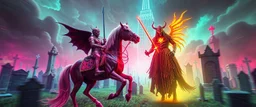 Epic portrait of paladin horse vs demi-lich in tower cemetery in the style of Giger and Escher in Transparent Psychedelic Fluorescent Colors looking like a Record Cover, multidimensional depth of field, motion blur