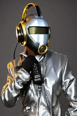 Metallic Cyber-punk style man with a web-camera-mask and old AKG-style headphones with golden rings. Fencing mask covers man's cheeks. Good body shape. Reflective plastic. Body and head full of integrated old-fashioned cameras. Ancient silver telephone attached to perfect body. Euclidean 3D-tiling, Escher tiling, background. Cables from shoulder, connect. Daft Punk, Matrix movie black leather jacket, tippet. Yellow latex areas in black leather surfaces body. 1990's. Trypophobia, small holes