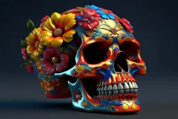 make 3d render realistic Mexican skull of vivid colors with flowers