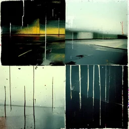 Minimal abstract oil paintings desolate 1960s carpark concrete fragments in a rain storm. style of Justin Mortimer and Francis Bacon. road markings.