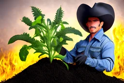 cowboy holding a plant growing in biochar. Biochar background