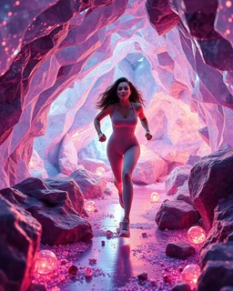 make a video pretty crystal cave covered with jewells and CIFI jewell lights and 3d recursive cubic and sphere base pearls and a beautiful fashion model lady with cute,curvy hair,makeup, in pretty sports suit is running inside cave ,dynamic camera fallow her inside cave capturing full body, dynamic lights.