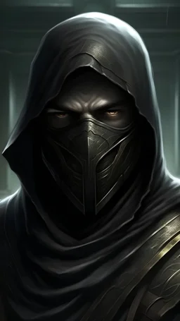 fantasy art, assassins , black mask, mask covering all face