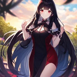 Clear focus, high resolution, black long fluffy hair, red eyes, wearing a cute outfit, kawaii