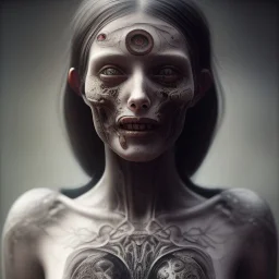 a cute smiling girl with her mother, red tattoo in the face, hr giger, steam punk, scary, horror, realistic, made in octane, cinematic, movie, CGI, ultra-realistic, extremely detailed octane rendering, 8K, VRAY Super Real ar 2:3, dof photorealistic futuristic 50mm lens hard lighting dark gray tintype photograph, realistic lighting, sephia colors