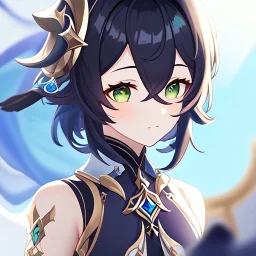 potrait of genshin in genshin ((genshin)) ((genshin ingame outfit)) wearing a short skirt, black short hair, green eyes, extreme close up