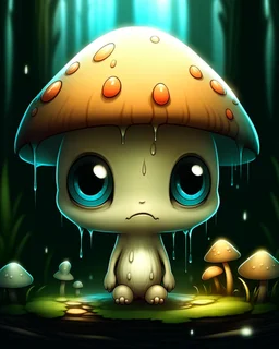 A melancholic creepy kawaii mushroom with a tiny, frowning mouth and big droopy eyes, sitting on a mossy log in a quiet and peaceful forest, lost in its own thoughtsto add personality, outline