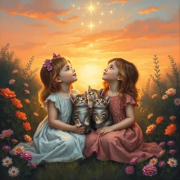 A magical moment in a painterly sunset garden. The two girls sit close together with the three kittens cuddled between them, looking up toward the glowing evening sky. Above them, soft light trails, sparkles, or a glowing star emerge — a touch of fantasy as if nature itself whispers to them. The warm colors wrap around them: coral, gold, rose, and soft blue. The composition feels like the closing page of a gentle fairy tale. Painted with rich oil textures, craquelure, and poetic atmosphere. --v