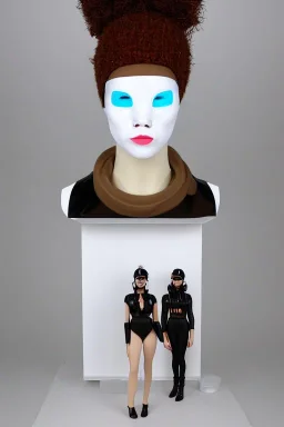 Post-apocalypse. Cinnamon. Technological singularity. Fake smile, camera-eyes, cables, selfies, 3D-tiles background, lighted shelf full of heads. Cyber-punk full-mask. Lay figure woman with plastic milky, plank skin. Repugnant behavior. Haute Couture 90's long tippet. Light right. Silver, black, Cyan. Big AKG headphones. Golden rings and discs. Thick tights, Thick calves, Curved fell, Wide hip. Nature. Sweat, tears and blood. Cow. Torso out of neck, fractal, highly symmetrical