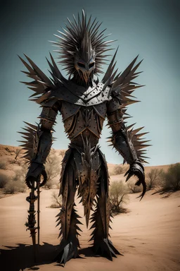 A sinister humanoid creature made entirely of sharpened metal blades and spikes stands before a metal tree in a desert cave. Photograph.