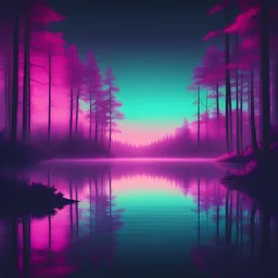 a silent lake in a wood , synthwave picture style with light pixel