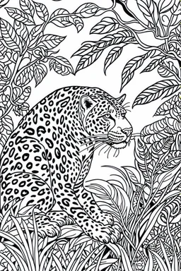 DRAW TO COLORING OF A LEOPARD ON THE JUNGLE, BLACK AND WHITE CARTOON STYLE, LOW DETAILS, THICK LINES, NO SHADING LINES